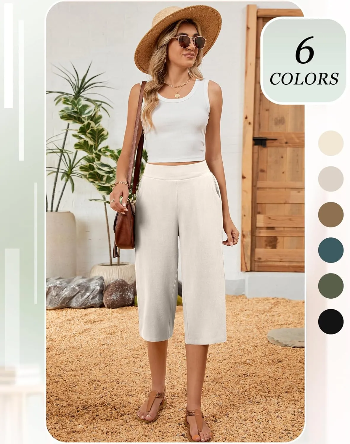 2 Pack Women's Linen Capri Pants Wide Leg Cropped Palazzo Trousers with Pockets High Waist Beach Summer Casual Pants