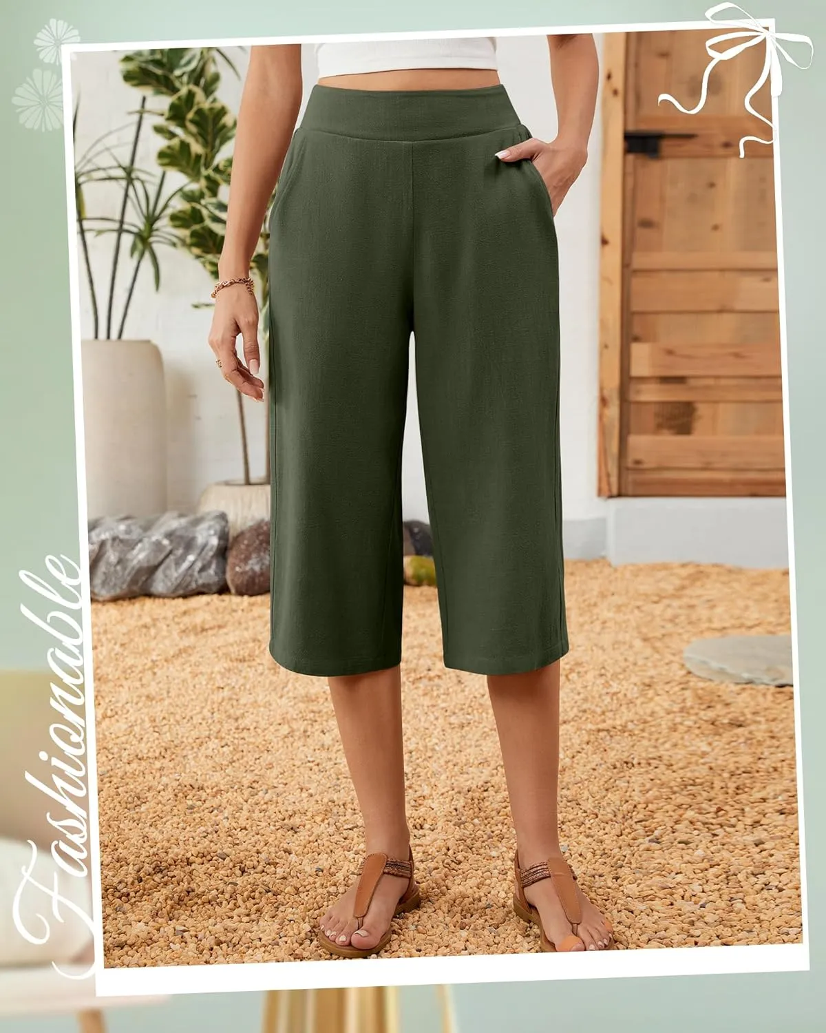 2 Pack Women's Linen Capri Pants Wide Leg Cropped Palazzo Trousers with Pockets High Waist Beach Summer Casual Pants