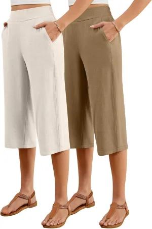 2 Pack Women's Linen Capri Pants Wide Leg Cropped Palazzo Trousers with Pockets High Waist Beach Summer Casual Pants(Khaki, Flaxen,XX-Large)