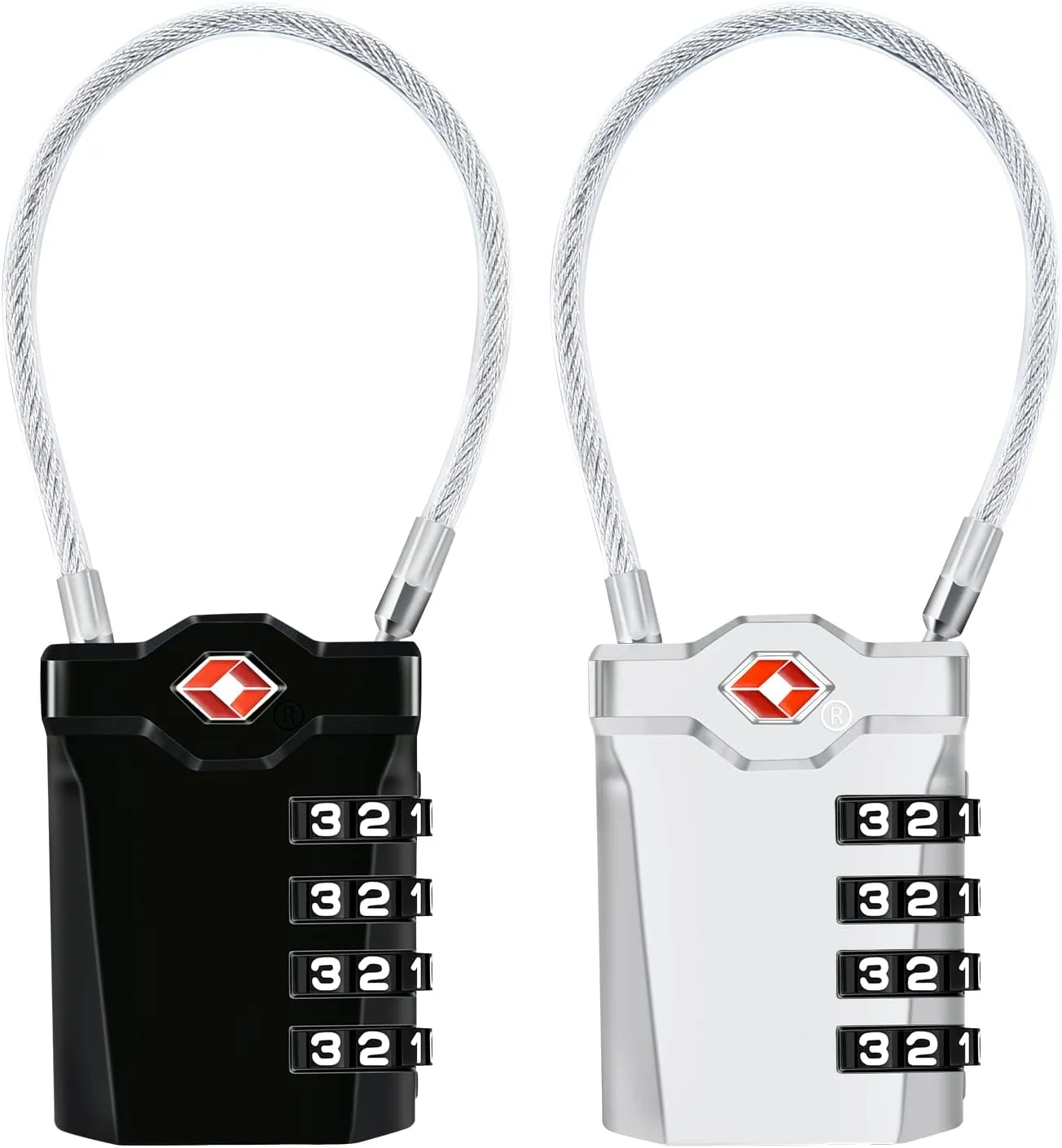 2 Packs TSA Luggage Locks with 14cm Flexible Cable, Diyife 4-Digit Combination Lock Security Padlock Travel Lock for Suitcase Luggage Backpack School or Gym Cabinet, etc. (Black & Sliver)