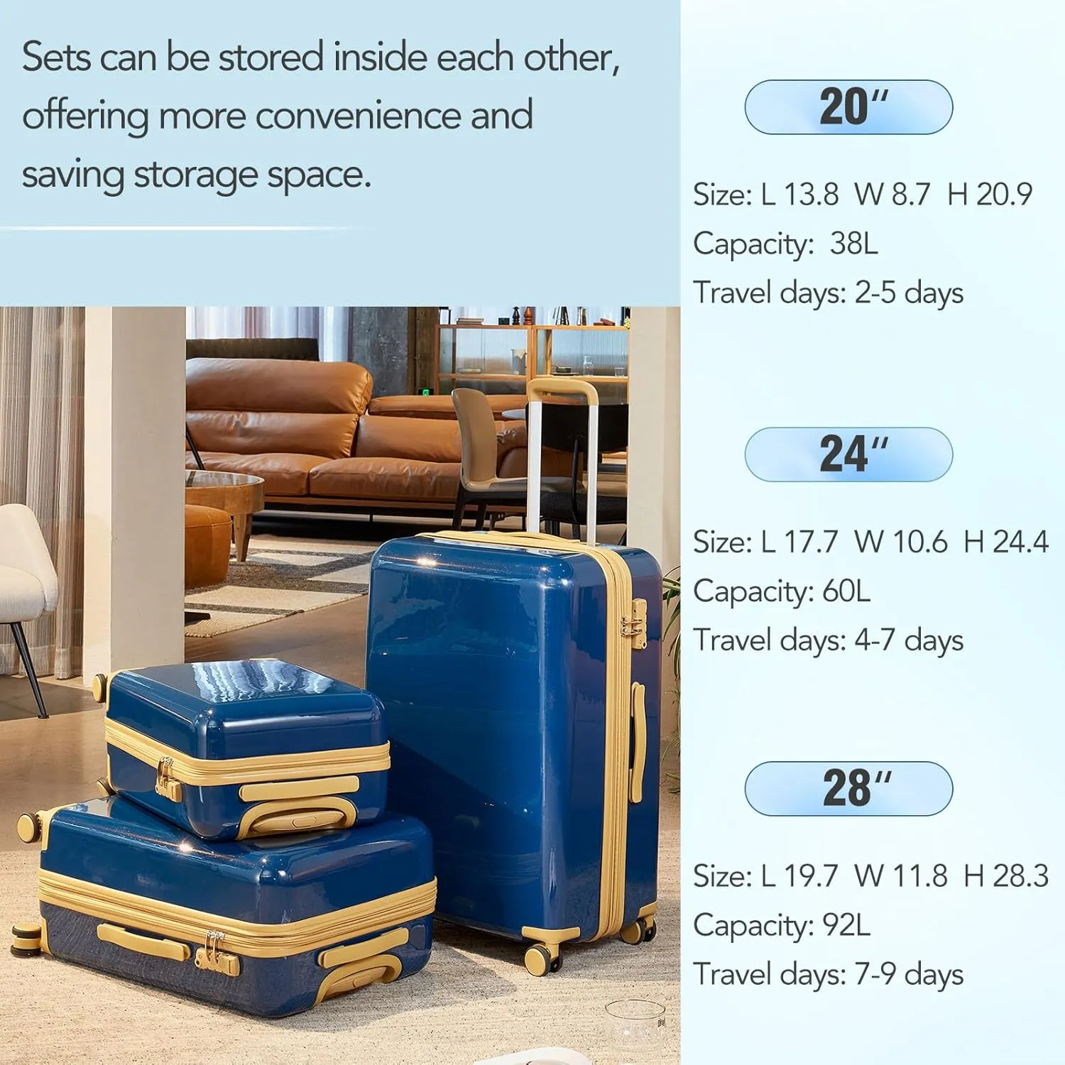 3 Piece Luggage Travel Sets with TSA Lock, Telescopic Handle, 360  Silent Dual Wheel, Side Handles and Safety Feet Hardshell Suitcase, 20''24''28'' Available Blue One Size