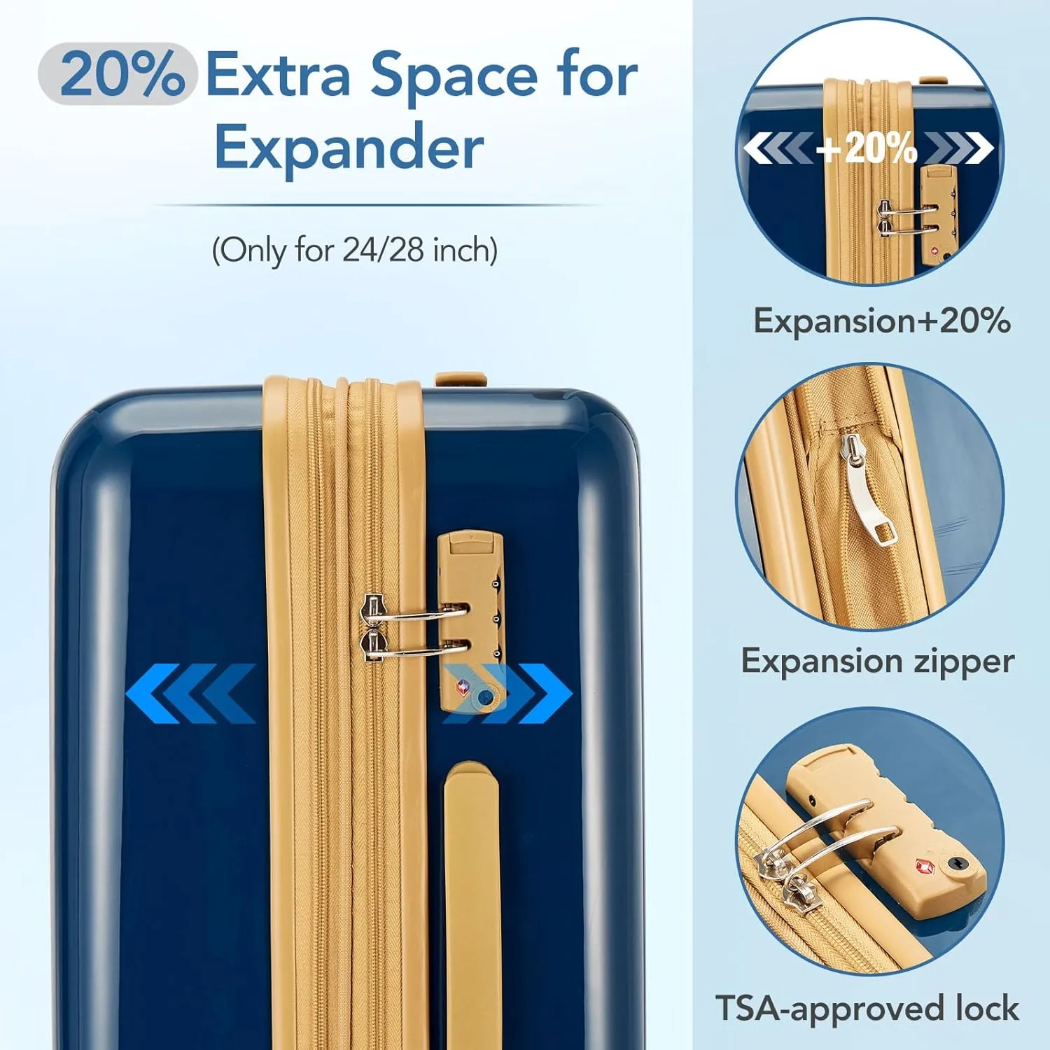 3 Piece Luggage Travel Sets with TSA Lock, Telescopic Handle, 360  Silent Dual Wheel, Side Handles and Safety Feet Hardshell Suitcase, 20''24''28'' Available Blue One Size
