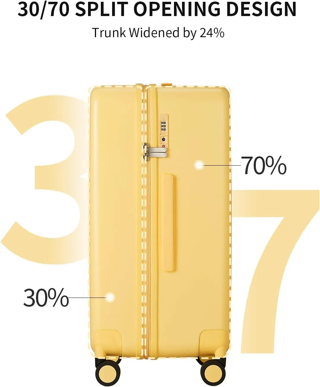 70/30 Split Open 24 Inch Checked Luggage with Spinner Wheels,Travel Suitcase with Adjustable Velcro for Flexible Large Capacity,Hardside Suitcase for Men Women, for 12 Days Travel,Cheese Yellow