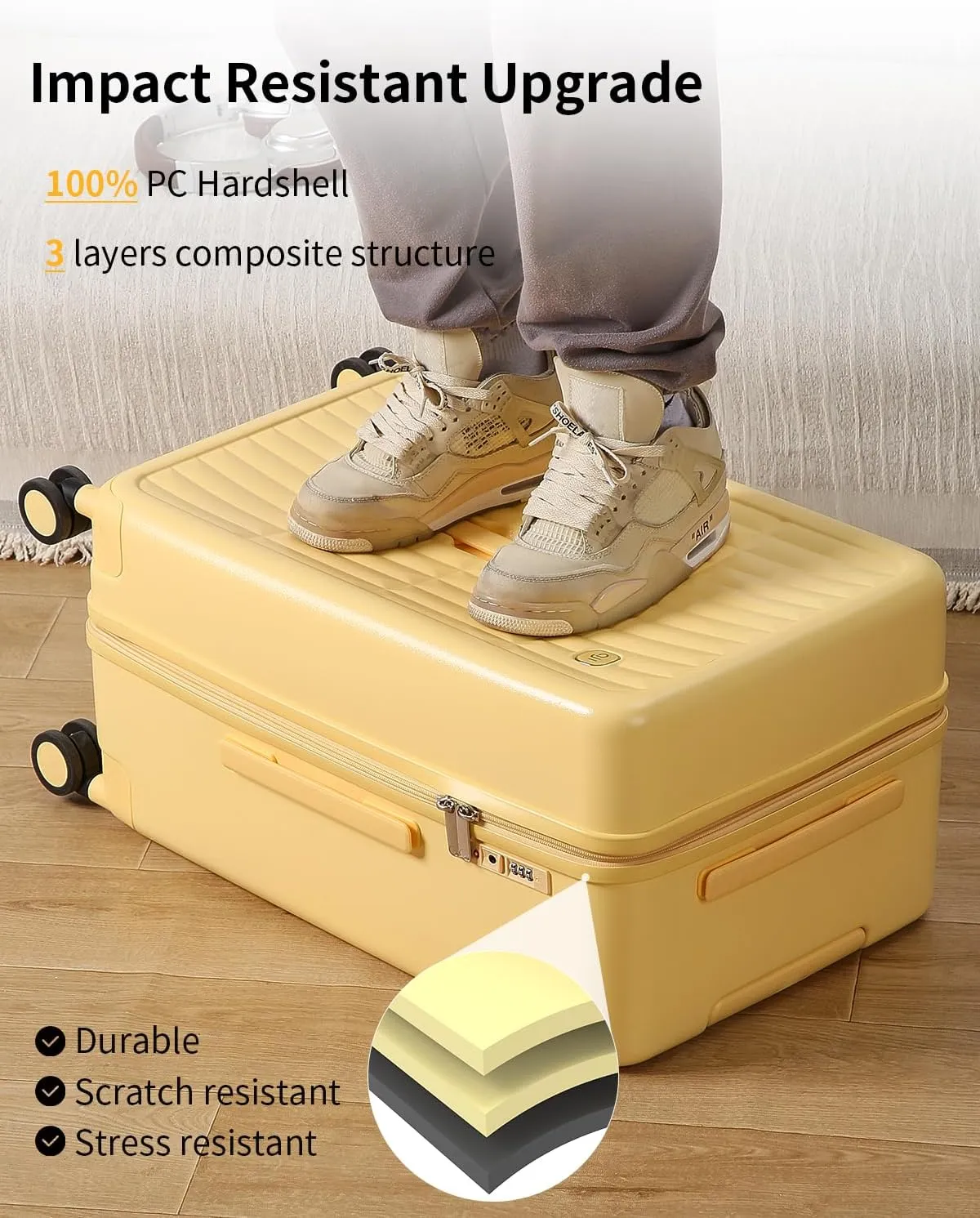 70/30 Split Open 24 Inch Checked Luggage with Spinner Wheels,Travel Suitcase with Adjustable Velcro for Flexible Large Capacity,Hardside Suitcase for Men Women, for 12 Days Travel,Cheese Yellow