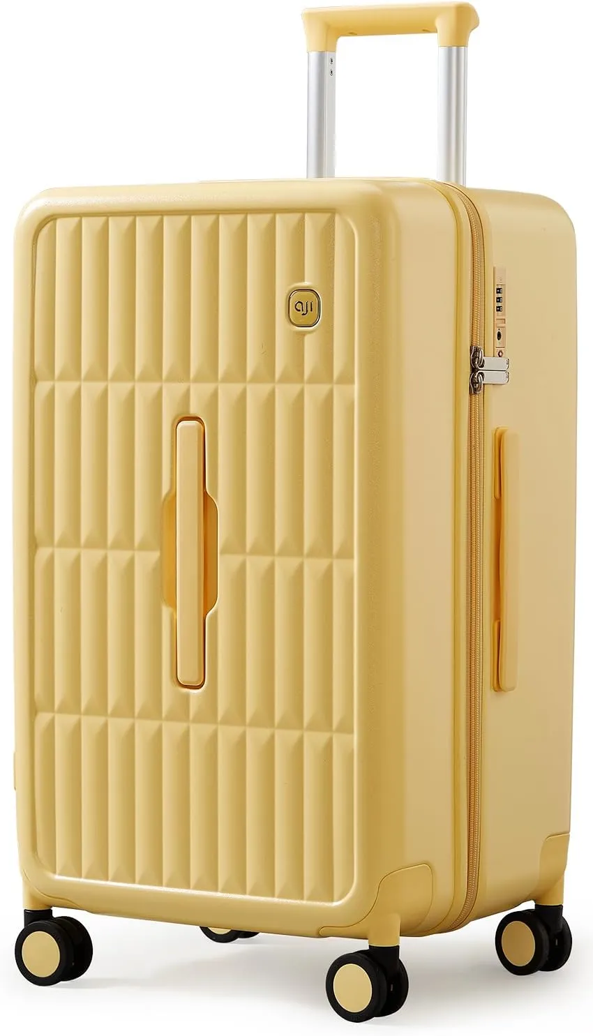 70/30 Split Open 24 Inch Checked Luggage with Spinner Wheels,Travel Suitcase with Adjustable Velcro for Flexible Large Capacity,Hardside Suitcase for Men Women, for 12 Days Travel,Cheese Yellow