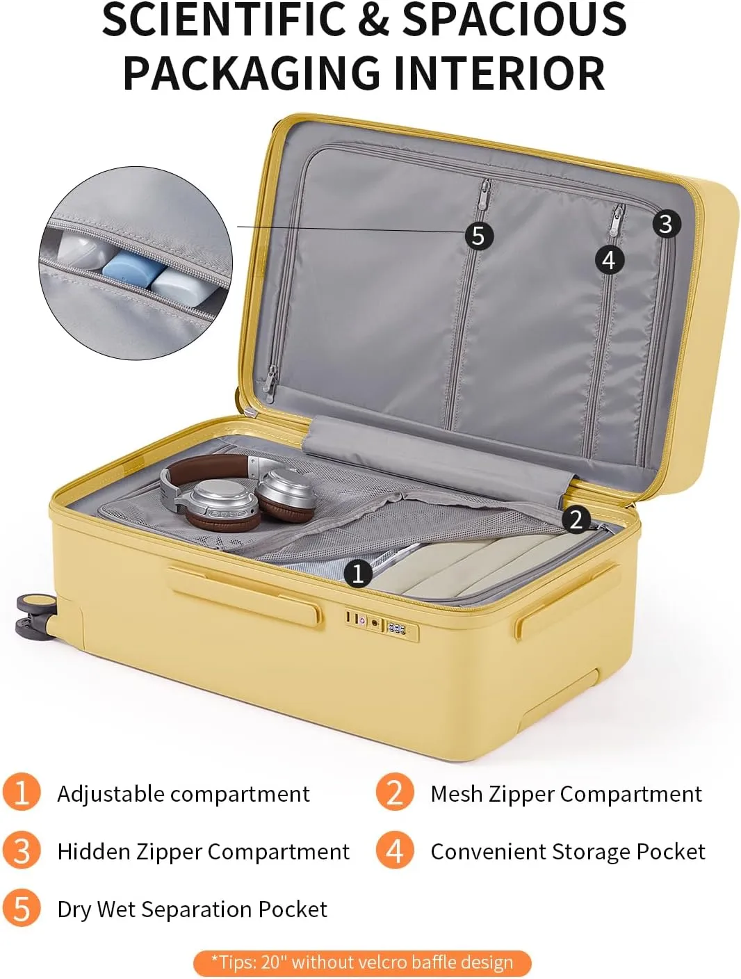 70/30 Split Open 24 Inch Checked Luggage with Spinner Wheels,Travel Suitcase with Adjustable Velcro for Flexible Large Capacity,Hardside Suitcase for Men Women, for 12 Days Travel,Cheese Yellow