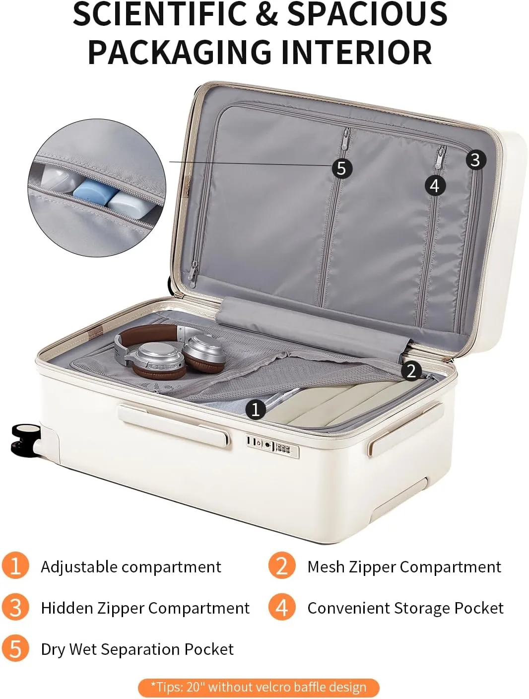70/30 Split Open 24 Inch Checked Luggage with Spinner Wheels,Travel Suitcase with Adjustable Velcro for Flexible Large Capacity,Hardside Suitcase for Men Women, for 12 Days Travel,Coconut White