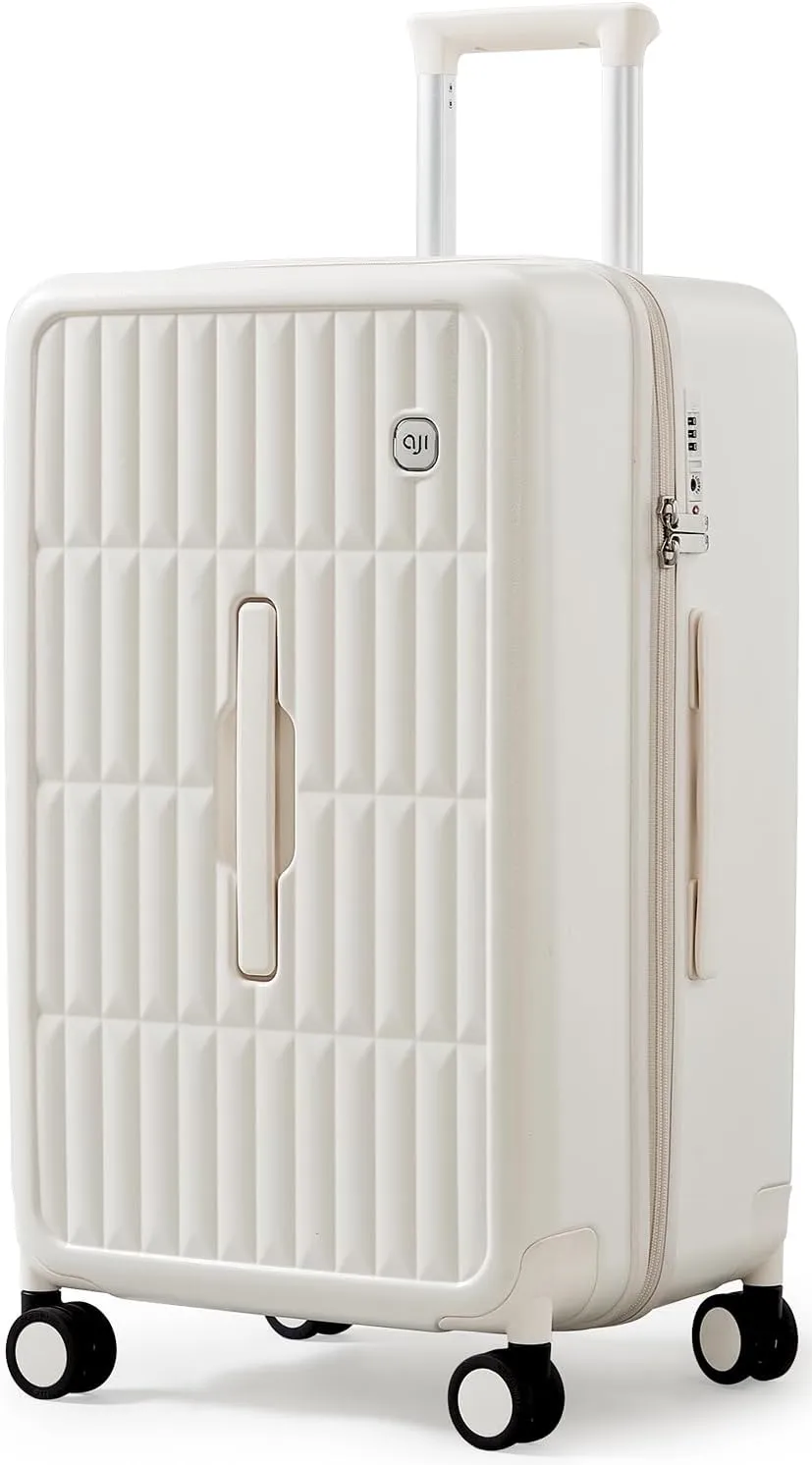 70/30 Split Open 24 Inch Checked Luggage with Spinner Wheels,Travel Suitcase with Adjustable Velcro for Flexible Large Capacity,Hardside Suitcase for Men Women, for 12 Days Travel,Coconut White