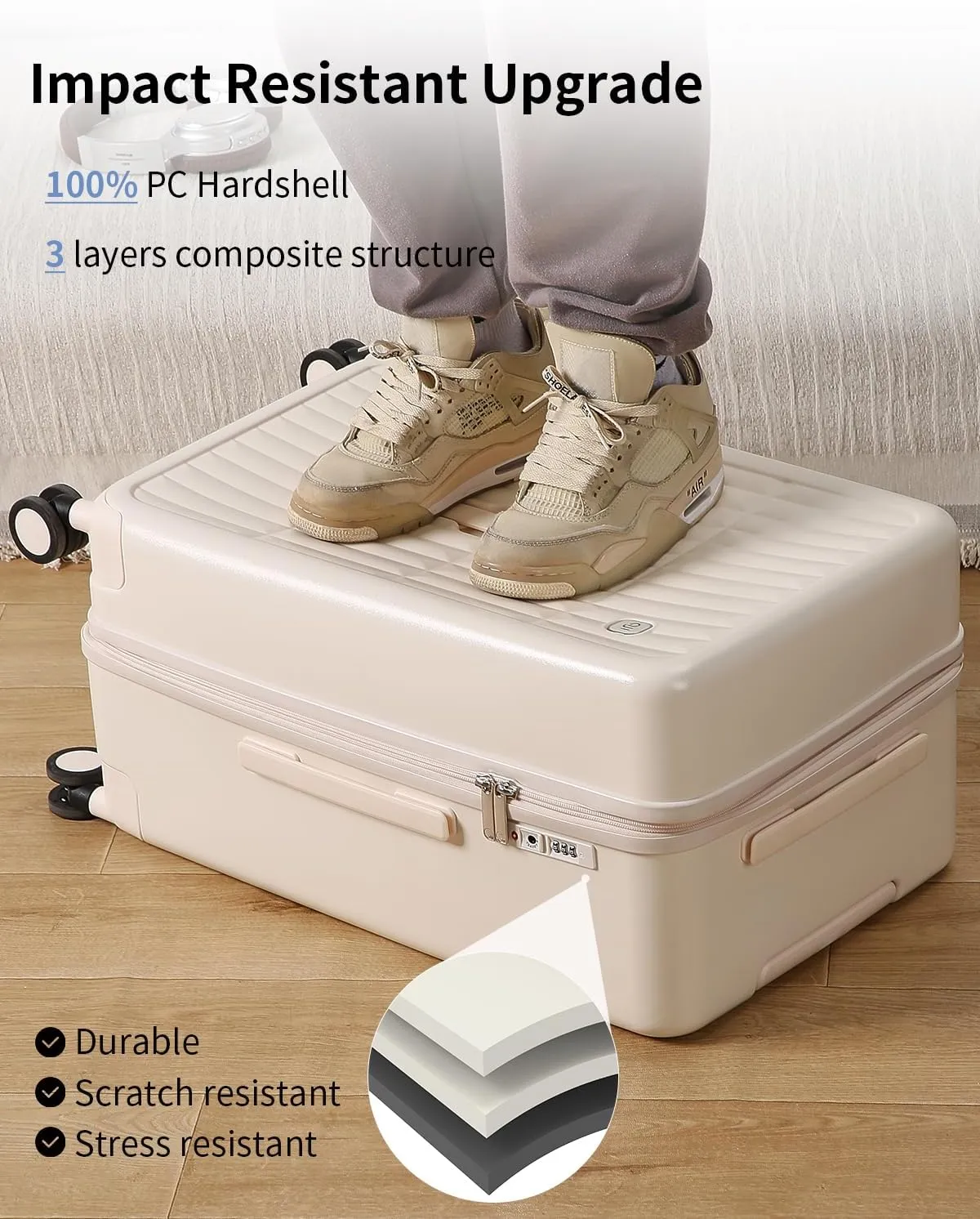 70/30 Split Open 24 Inch Checked Luggage with Spinner Wheels,Travel Suitcase with Adjustable Velcro for Flexible Large Capacity,Hardside Suitcase for Men Women, for 12 Days Travel,Coconut White