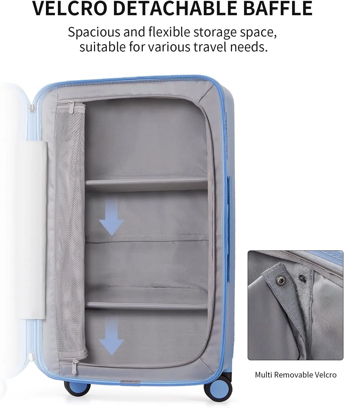 70/30 Split Open 24 Inch Checked Luggage with Spinner Wheels,Travel Suitcase with Adjustable Velcro for Flexible Large Capacity,Hardside Suitcase for Men Women,for 12 Days Travel,Blueberry Blue