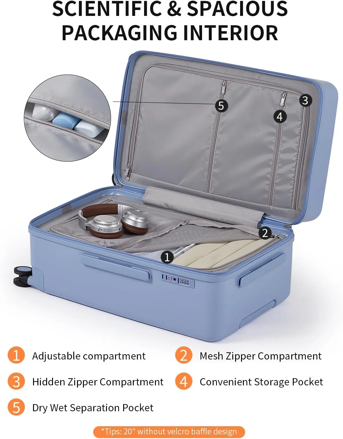 70/30 Split Open 26 Inch Checked Luggage with Spinner Wheels,Travel Suitcase with Adjustable Velcro for Flexible Large Capacity,Hardside Suitcase for Men Women,for 20 Days Travel,Blueberry Blue