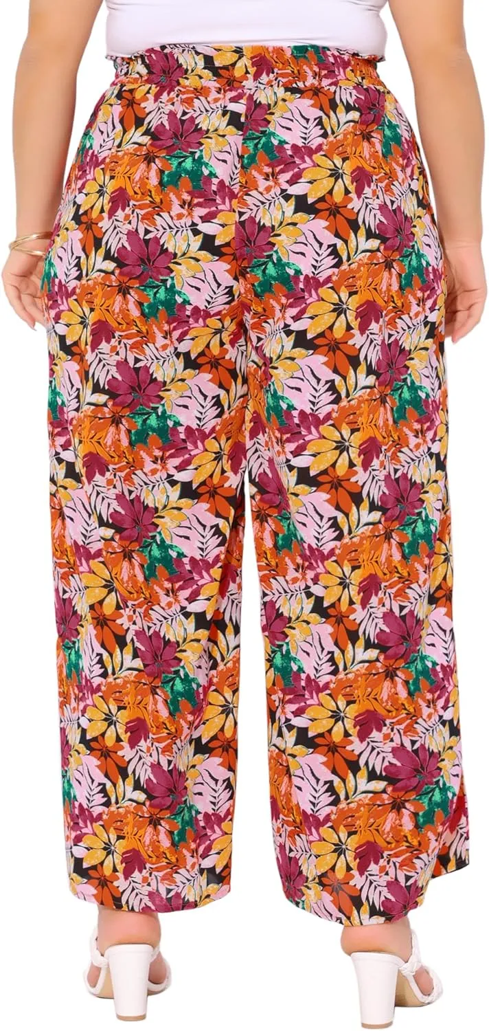 Agnes Orinda Women's Plus Size Casual Wide Leg Pants Boho Summer Floral Palazzo Pants Flowy Beach Trousers with Pocket