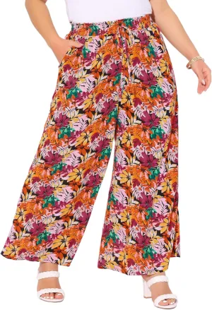 Agnes Orinda Women's Plus Size Casual Wide Leg Pants Boho Summer Floral Palazzo Pants Flowy Beach Trousers with Pocket