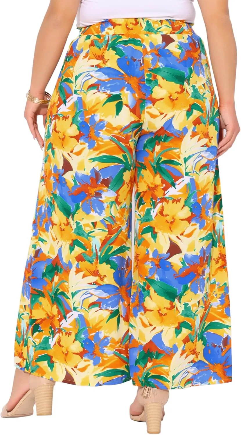 Agnes Orinda Women's Plus Size Casual Wide Leg Pants Boho Summer Floral Palazzo Pants Flowy Beach Trousers with Pocket