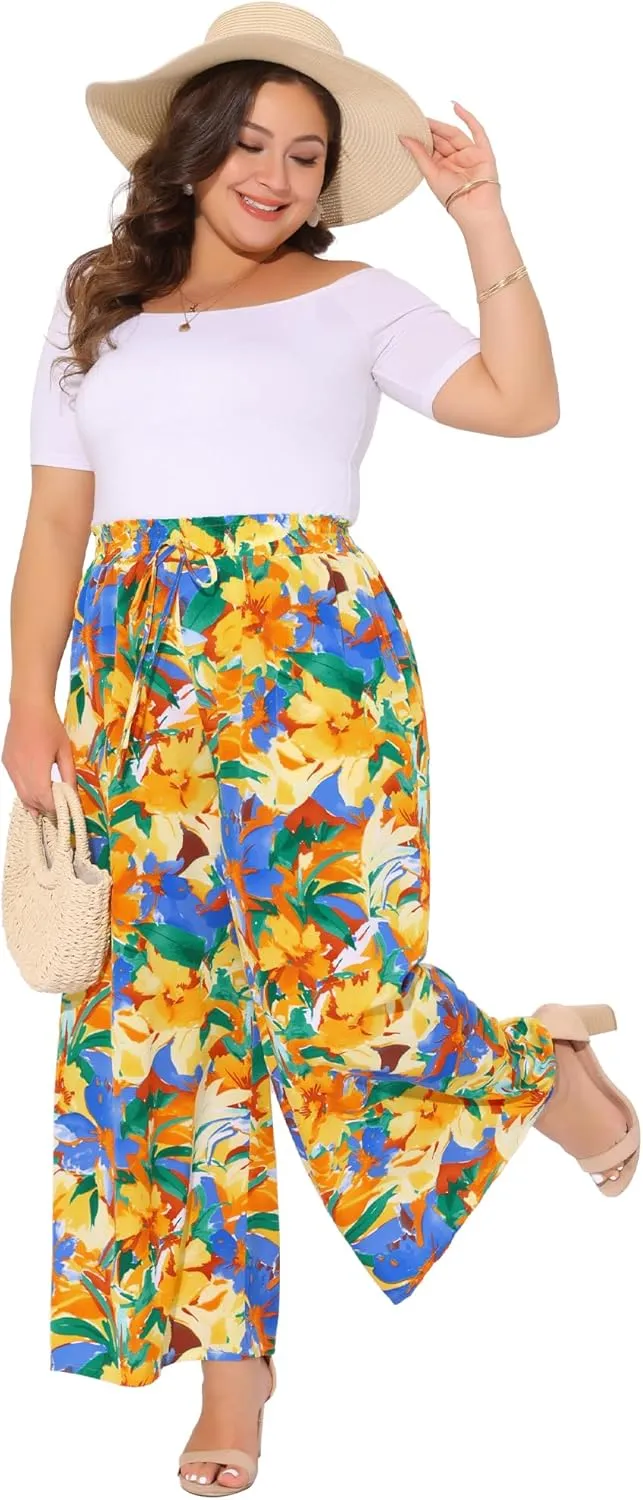 Agnes Orinda Women's Plus Size Casual Wide Leg Pants Boho Summer Floral Palazzo Pants Flowy Beach Trousers with Pocket