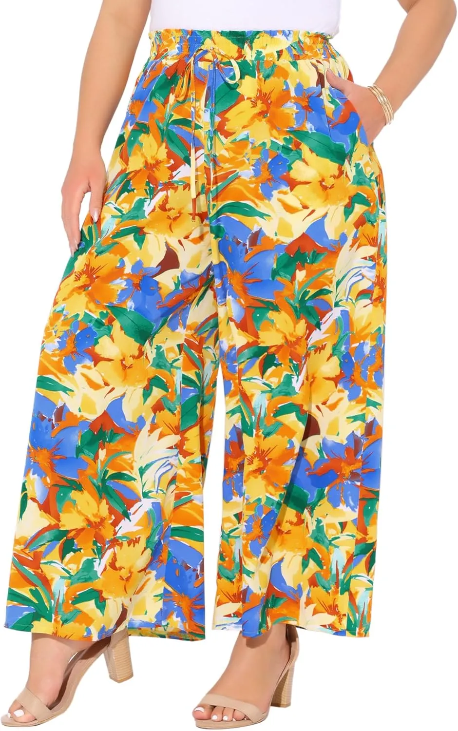 Agnes Orinda Women's Plus Size Casual Wide Leg Pants Boho Summer Floral Palazzo Pants Flowy Beach Trousers with Pocket