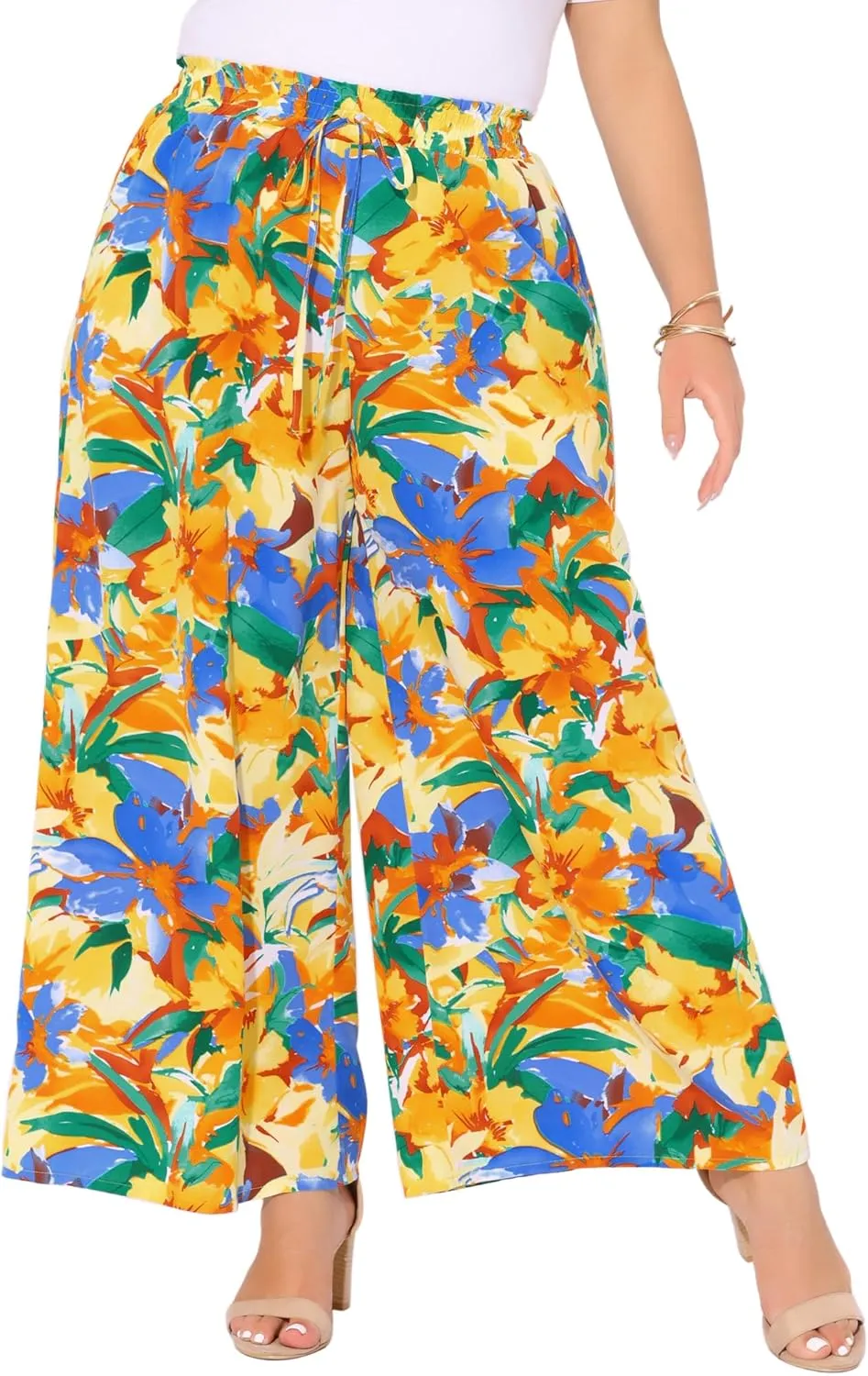 Agnes Orinda Women's Plus Size Casual Wide Leg Pants Boho Summer Floral Palazzo Pants Flowy Beach Trousers with Pocket