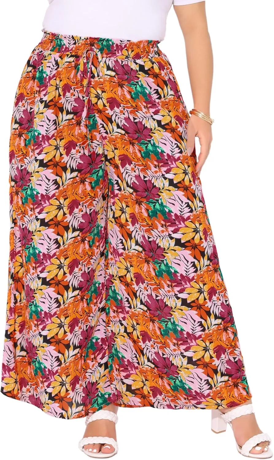 Agnes Orinda Women's Plus Size Casual Wide Leg Pants Boho Summer Floral Palazzo Pants Flowy Beach Trousers with Pocket