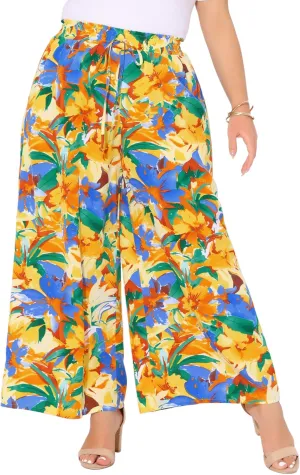 Agnes Orinda Women's Plus Size Casual Wide Leg Pants Boho Summer Floral Palazzo Pants Flowy Beach Trousers with Pocket