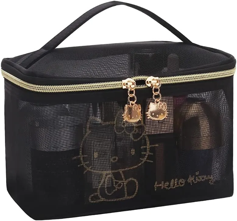 AmBealla Cosmetic Large Bag Makeup Bag Travel Case with Handle, Black Nylon Mesh Organizer for Women, Toiletry Bag for Skincare & Beauty Tools Home Storage for Girls
