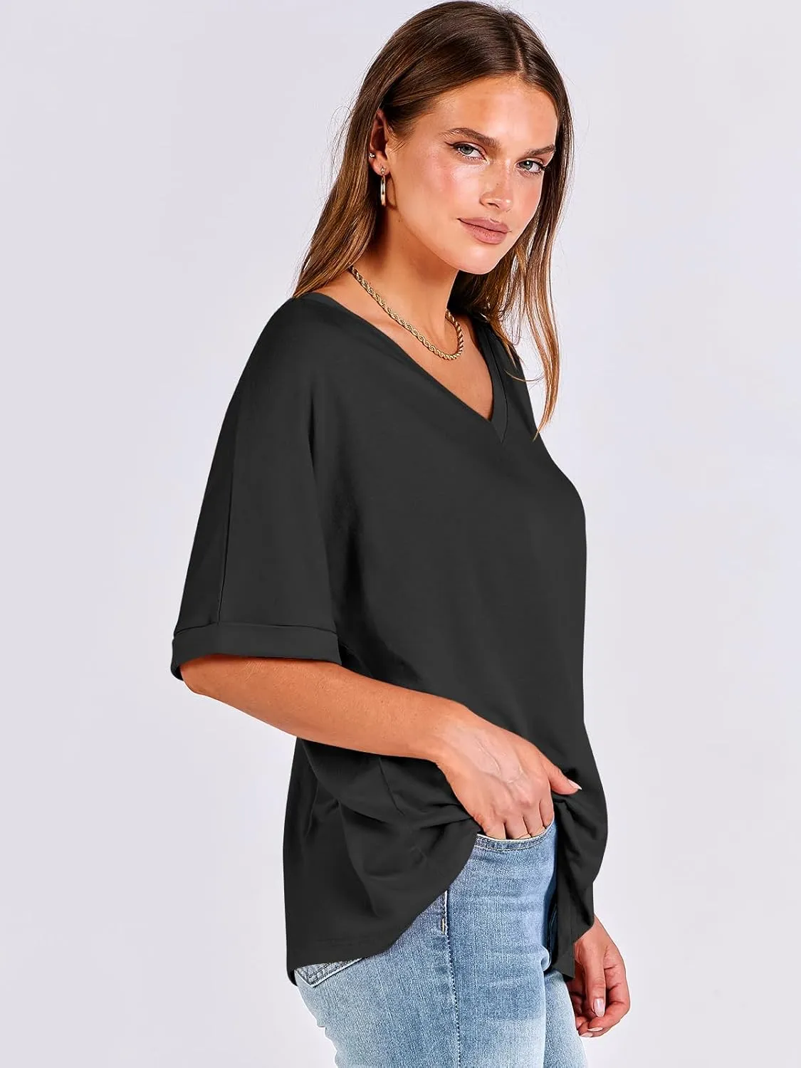 ANRABESS Women's Oversized T Shirts Short Sleeve V Neck Summer Tops Casual Loose Basic Plain Tee Shirts 2025 Clothes Outfits
