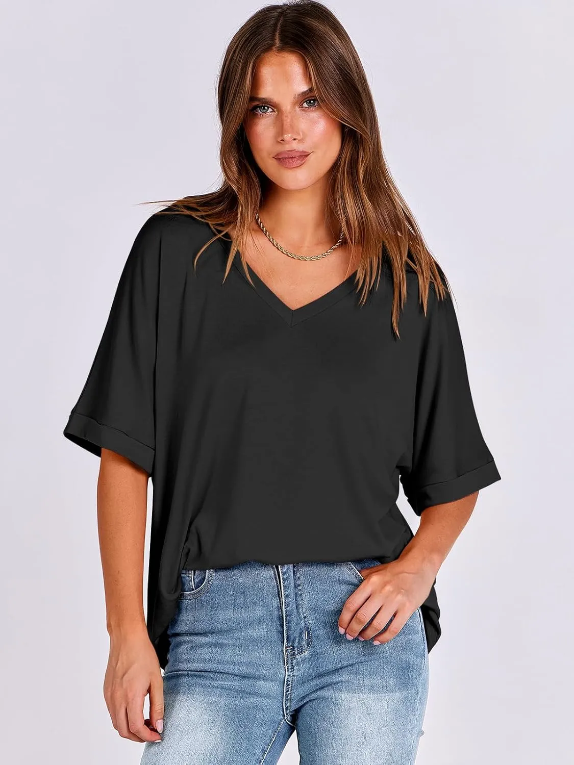 ANRABESS Women's Oversized T Shirts Short Sleeve V Neck Summer Tops Casual Loose Basic Plain Tee Shirts 2025 Clothes Outfits
