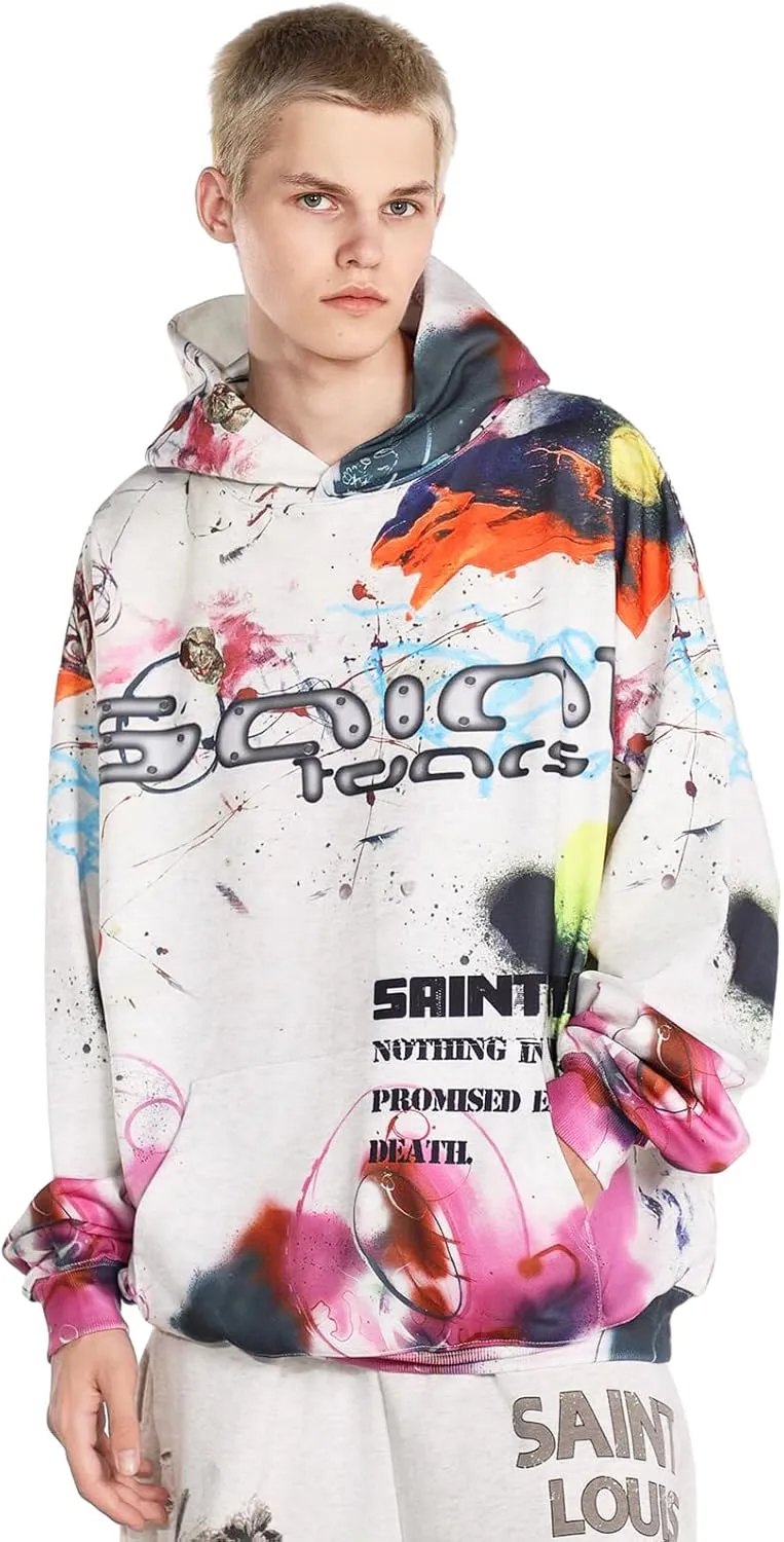 Arnodefrance Men Vintage Washed Graphic Hoodies Printing Graffiti Hoodie Cotton Warm Pullover