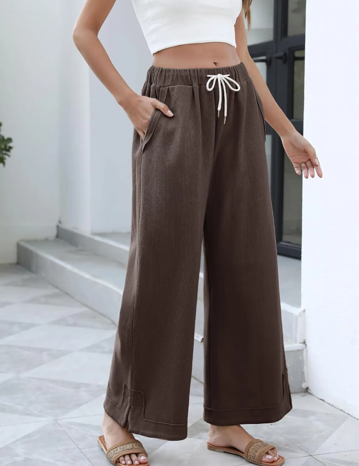 Athlisan Womens Baggy Wide Leg Palazzo Pants Casual Loose Drawstring Elastic Waisted Lounge Trousers with Pockets