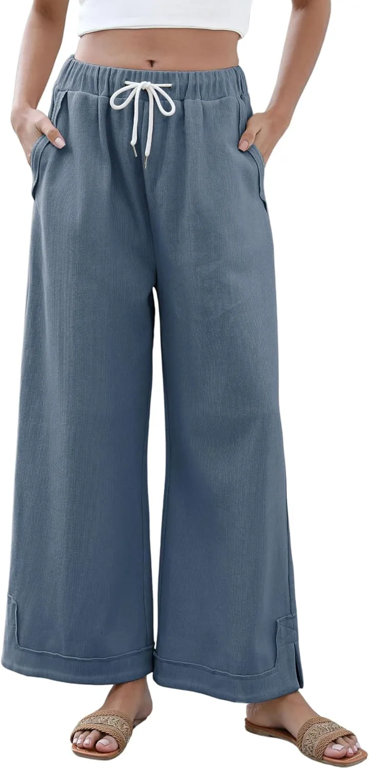 Athlisan Womens Baggy Wide Leg Palazzo Pants Casual Loose Drawstring Elastic Waisted Lounge Trousers with Pockets