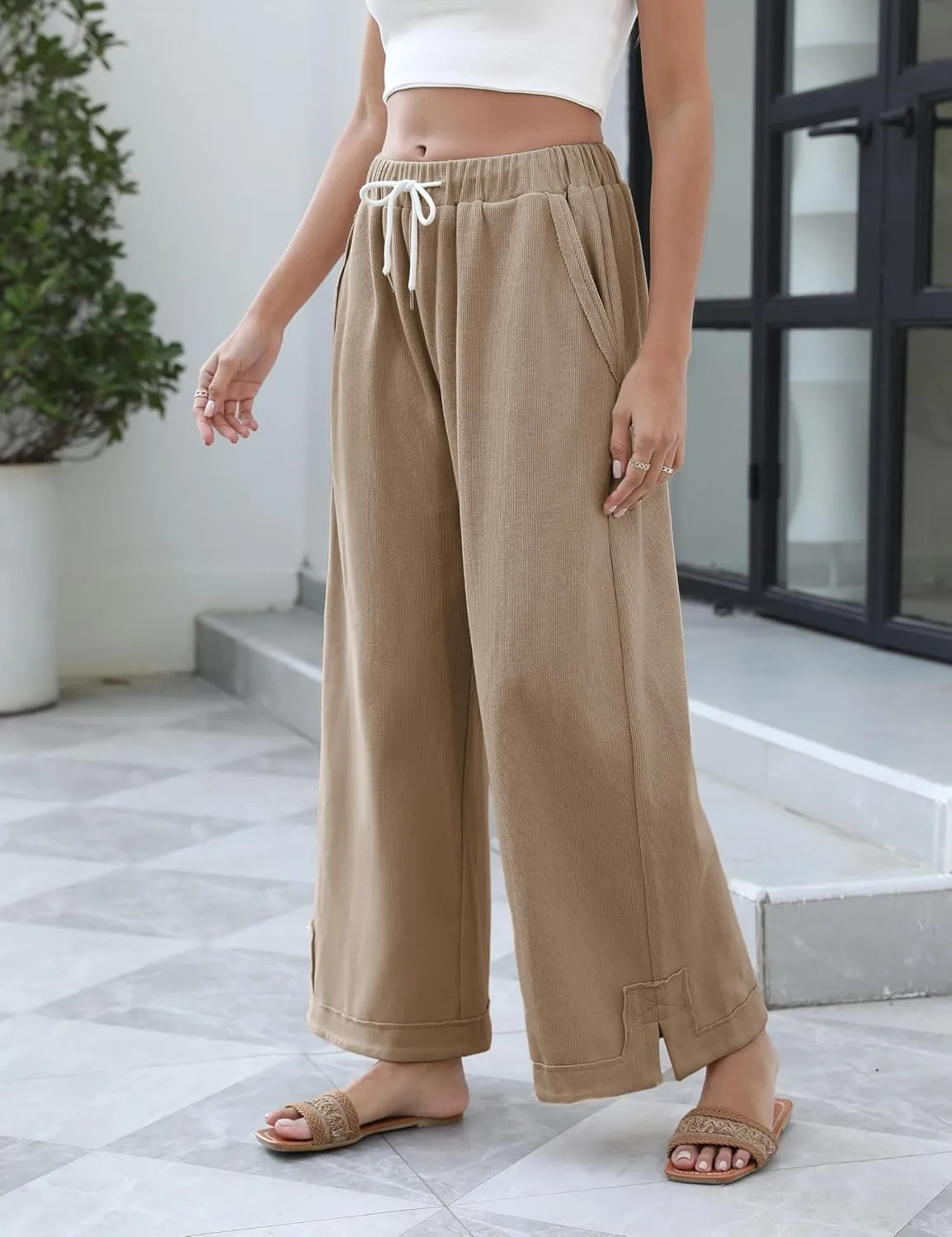 Athlisan Womens Baggy Wide Leg Palazzo Pants Casual Loose Drawstring Elastic Waisted Lounge Trousers with Pockets
