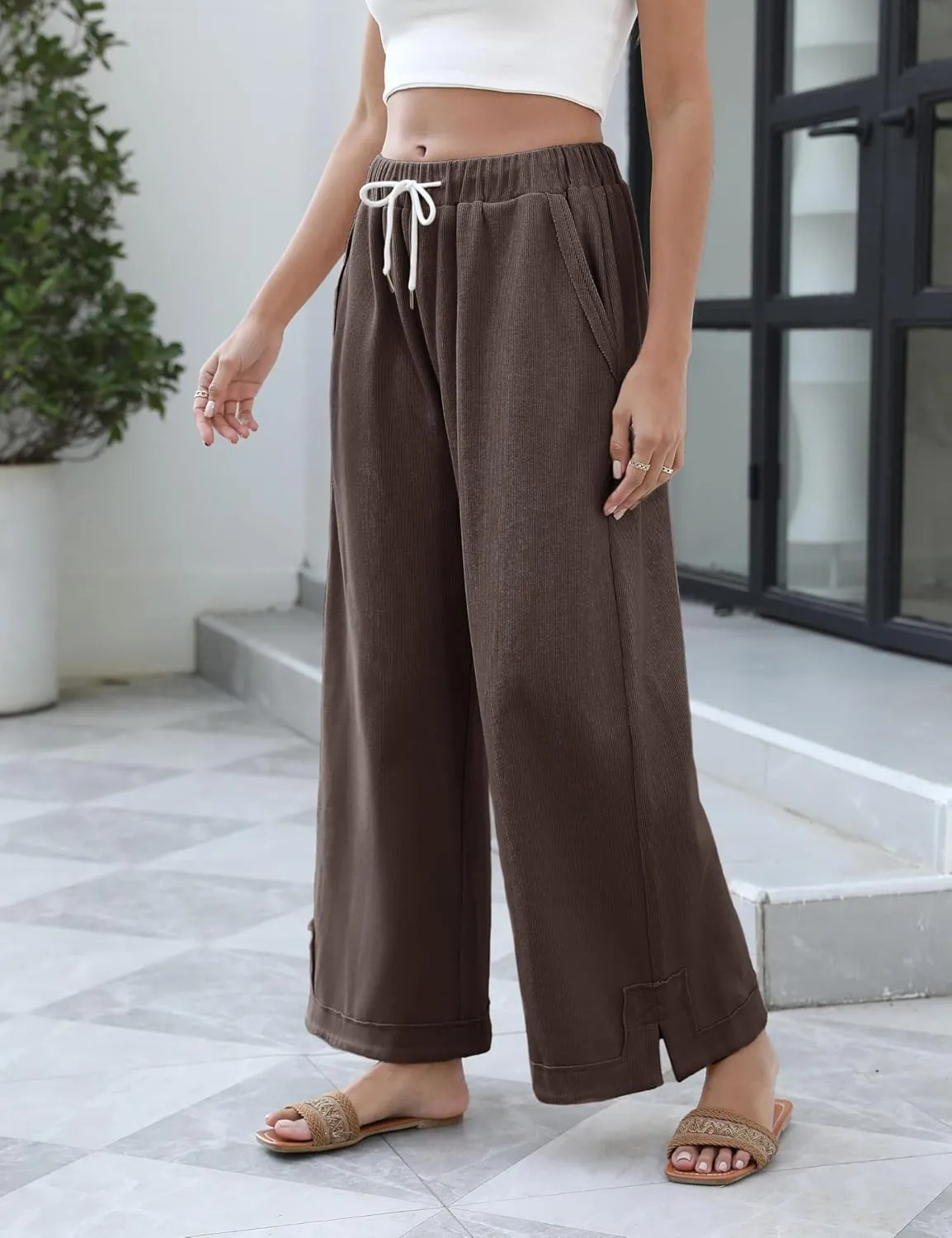 Athlisan Womens Baggy Wide Leg Palazzo Pants Casual Loose Drawstring Elastic Waisted Lounge Trousers with Pockets