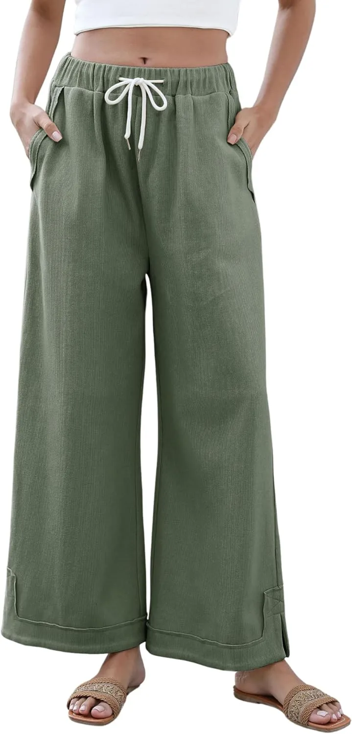 Athlisan Womens Baggy Wide Leg Palazzo Pants Casual Loose Drawstring Elastic Waisted Lounge Trousers with Pockets