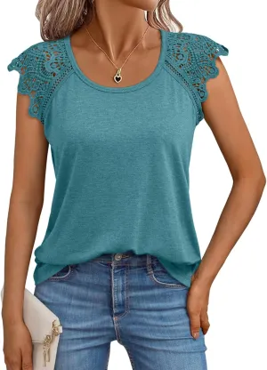 AUTOMET Womens Tops Casual Dressy Lace Summer Tee 2025 Cap Sleeve T Shirts Cute Basic Trendy Fashion Spring Outfits