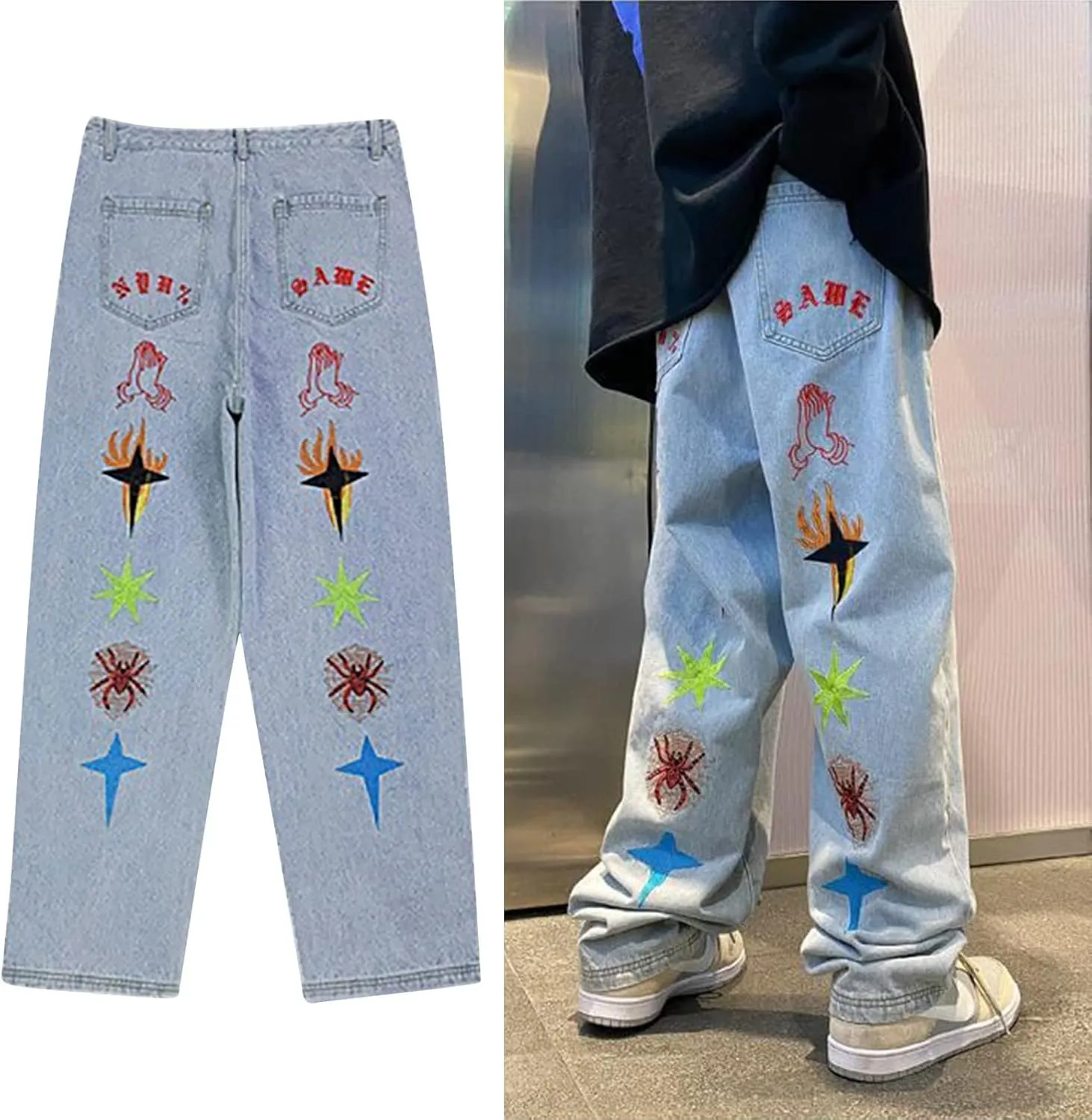 Baggy Cargo Jeans for Men Y2K Vintage Straight Wide Leg Aesthetic Clothes 90s Hip Hop Streetwear Trousers
