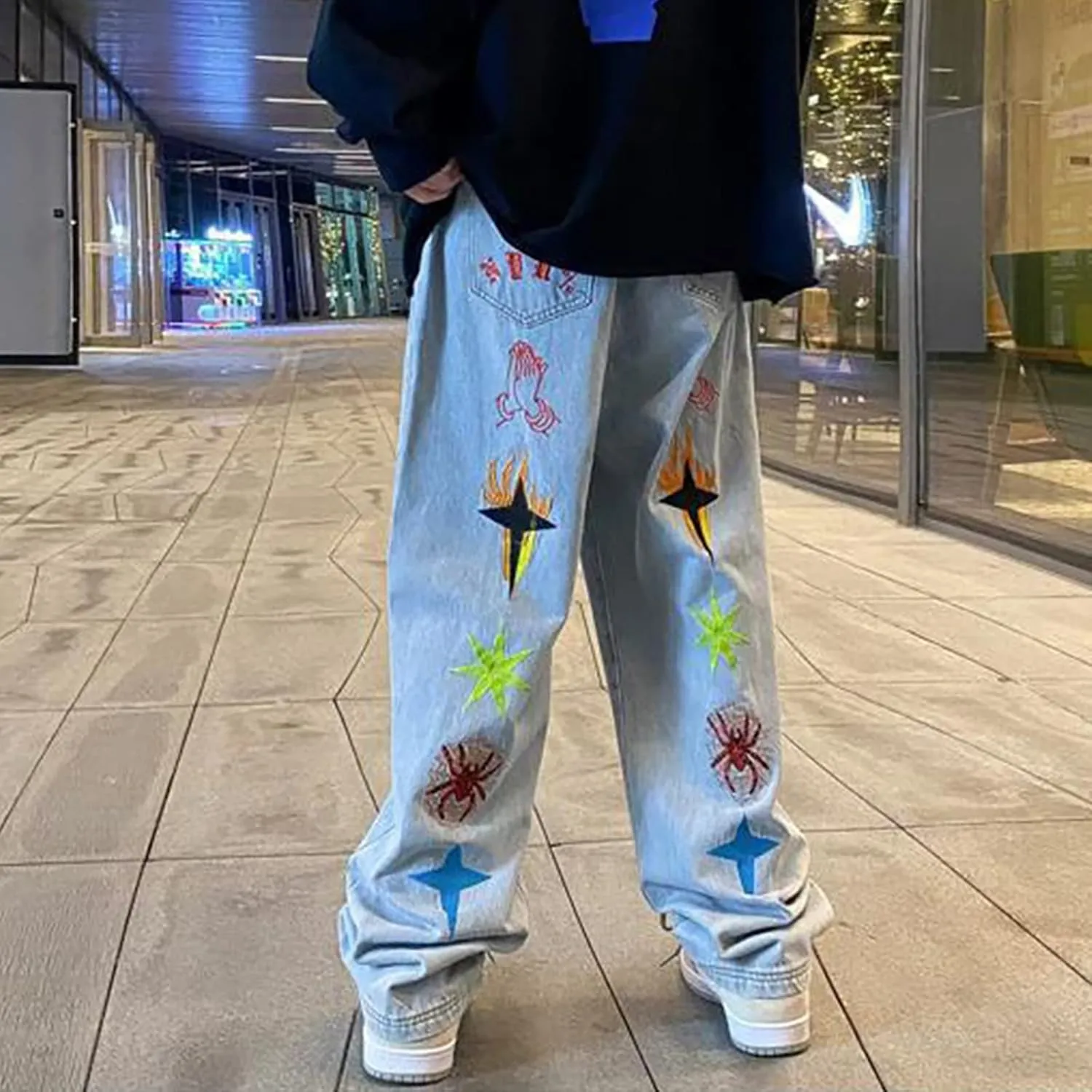 Baggy Cargo Jeans for Men Y2K Vintage Straight Wide Leg Aesthetic Clothes 90s Hip Hop Streetwear Trousers