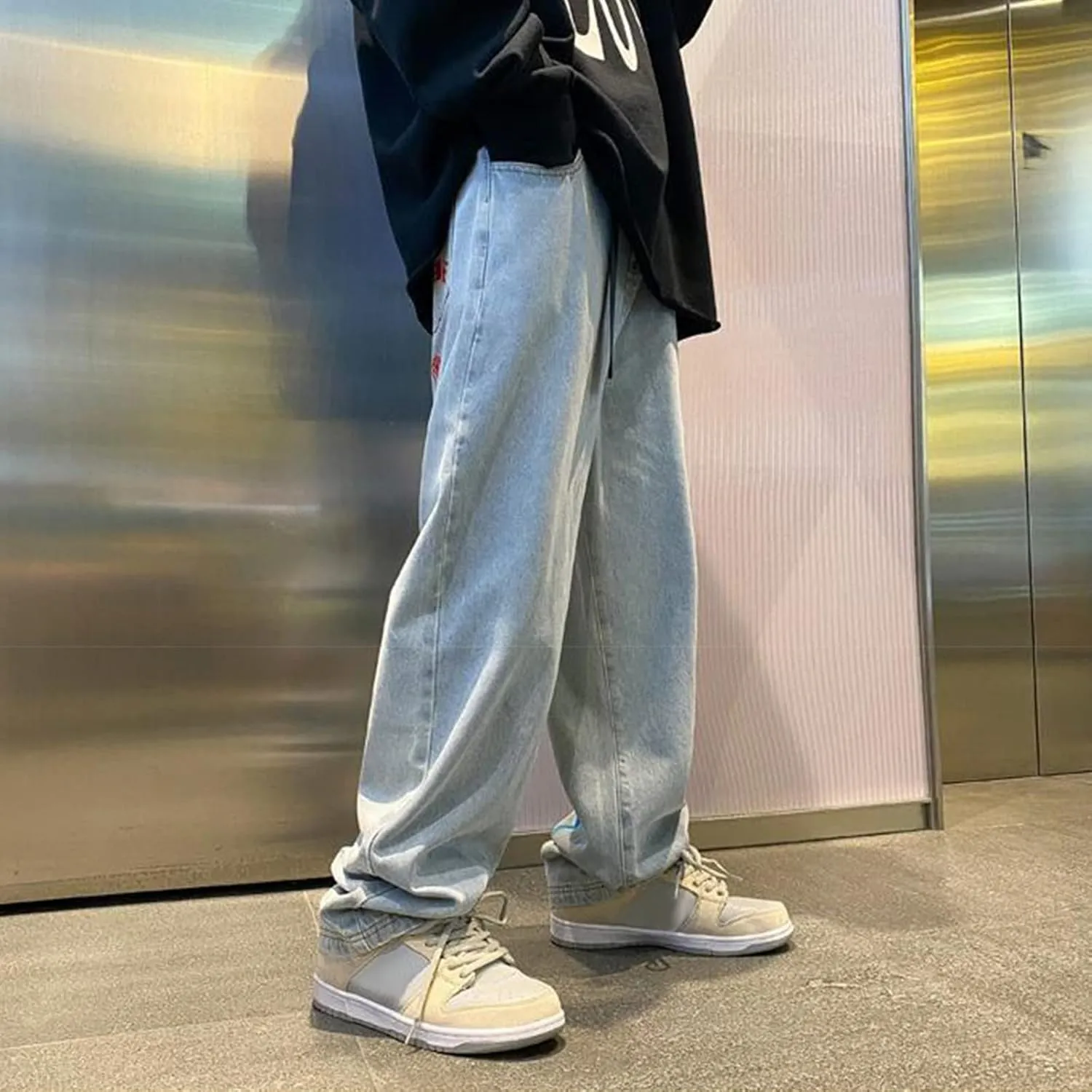 Baggy Cargo Jeans for Men Y2K Vintage Straight Wide Leg Aesthetic Clothes 90s Hip Hop Streetwear Trousers
