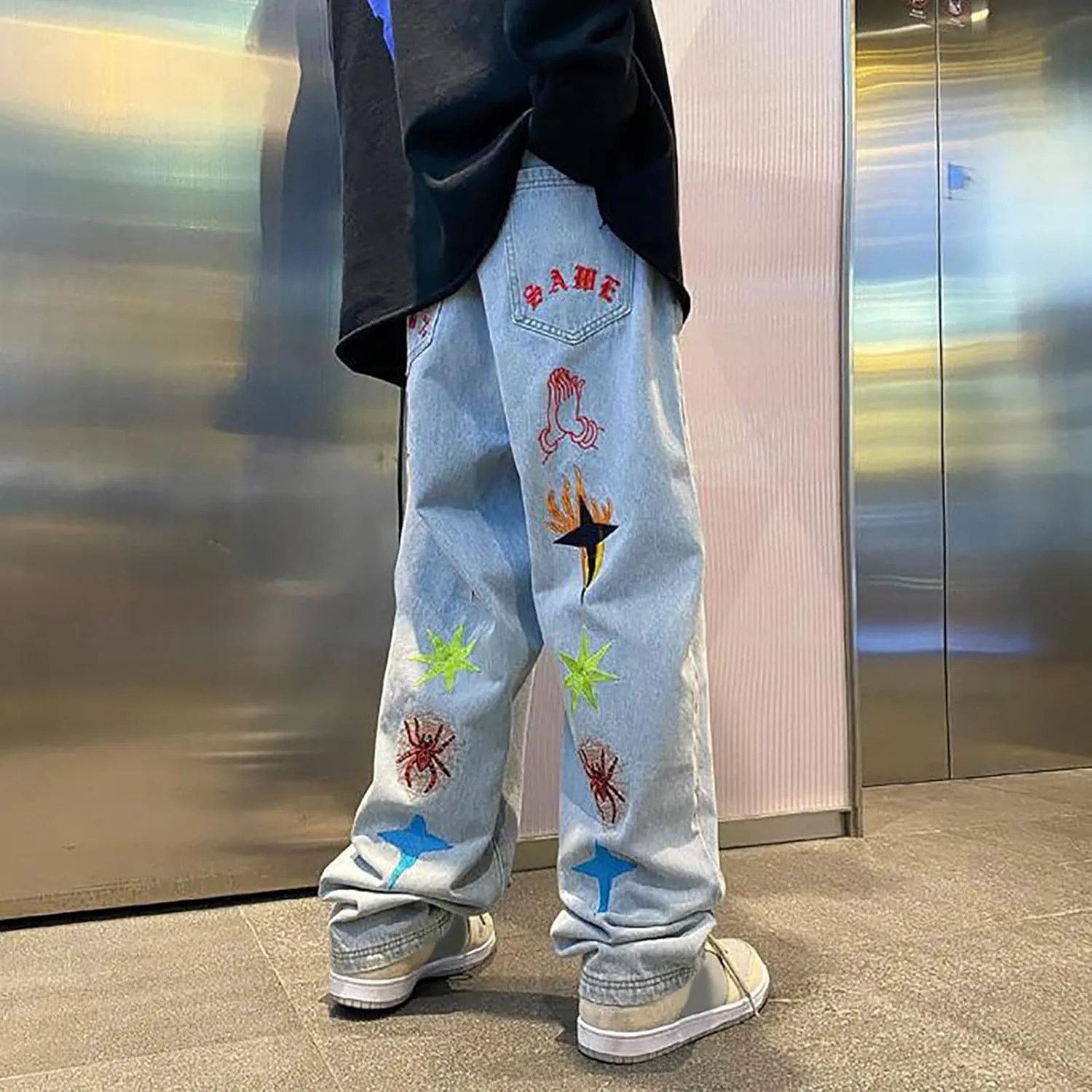 Baggy Cargo Jeans for Men Y2K Vintage Straight Wide Leg Aesthetic Clothes 90s Hip Hop Streetwear Trousers