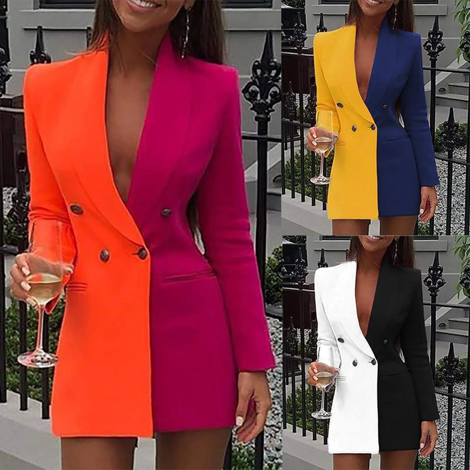 Blazer Dress for Women Trendy Colorblock Coats Double Breasted Long Sleeve Jackets with Pockets