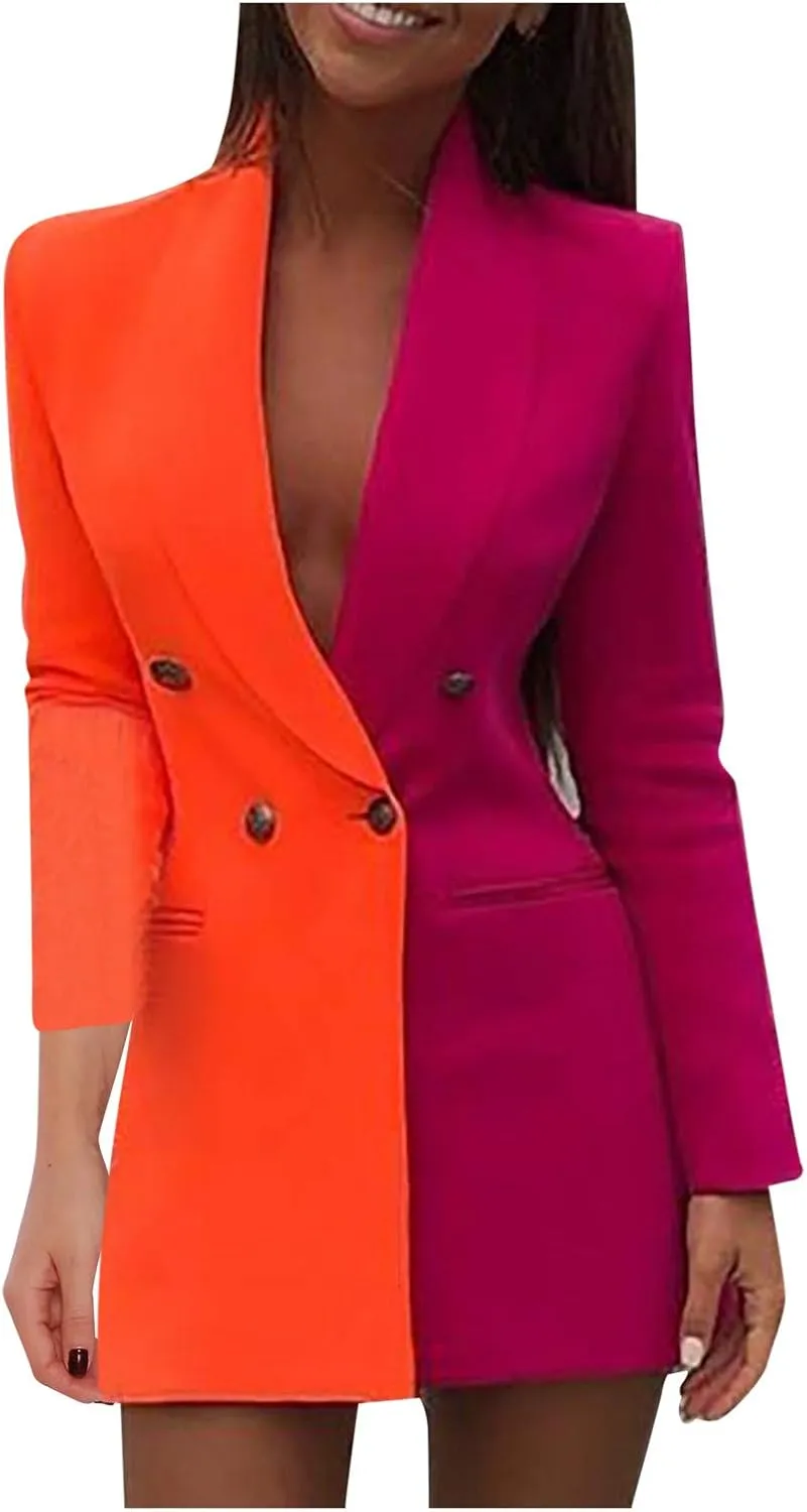 Blazer Dress for Women Trendy Colorblock Coats Double Breasted Long Sleeve Jackets with Pockets