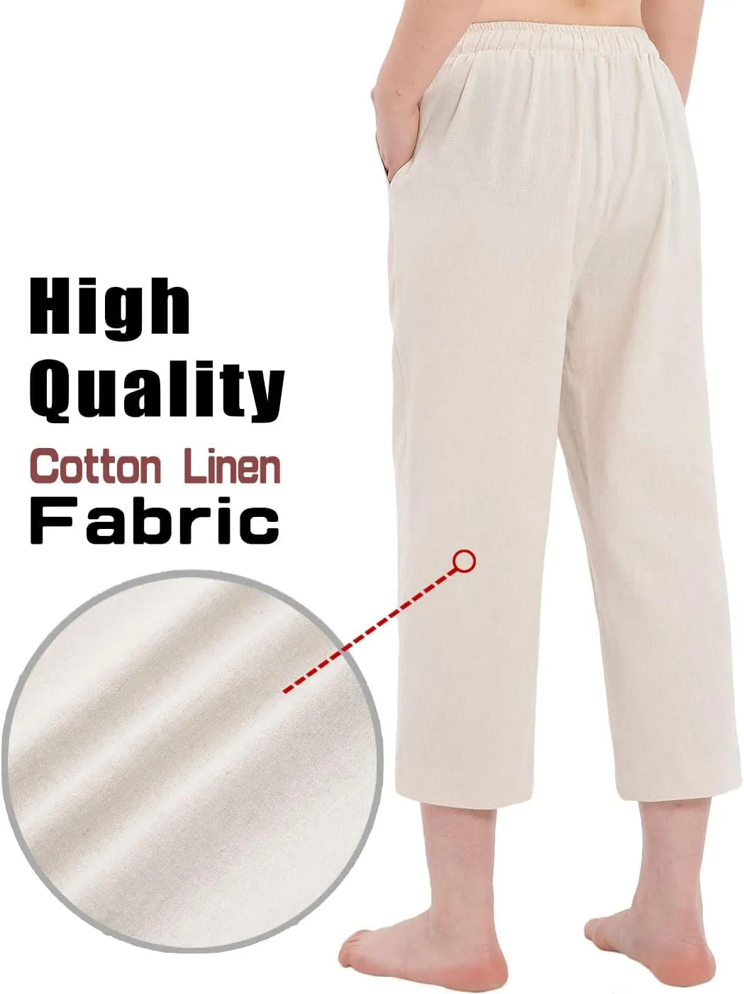 Bonnorth Women's Cotton Linen Drawstring Elastic Waist Loose Wide Leg Cropped Pants with Pockets