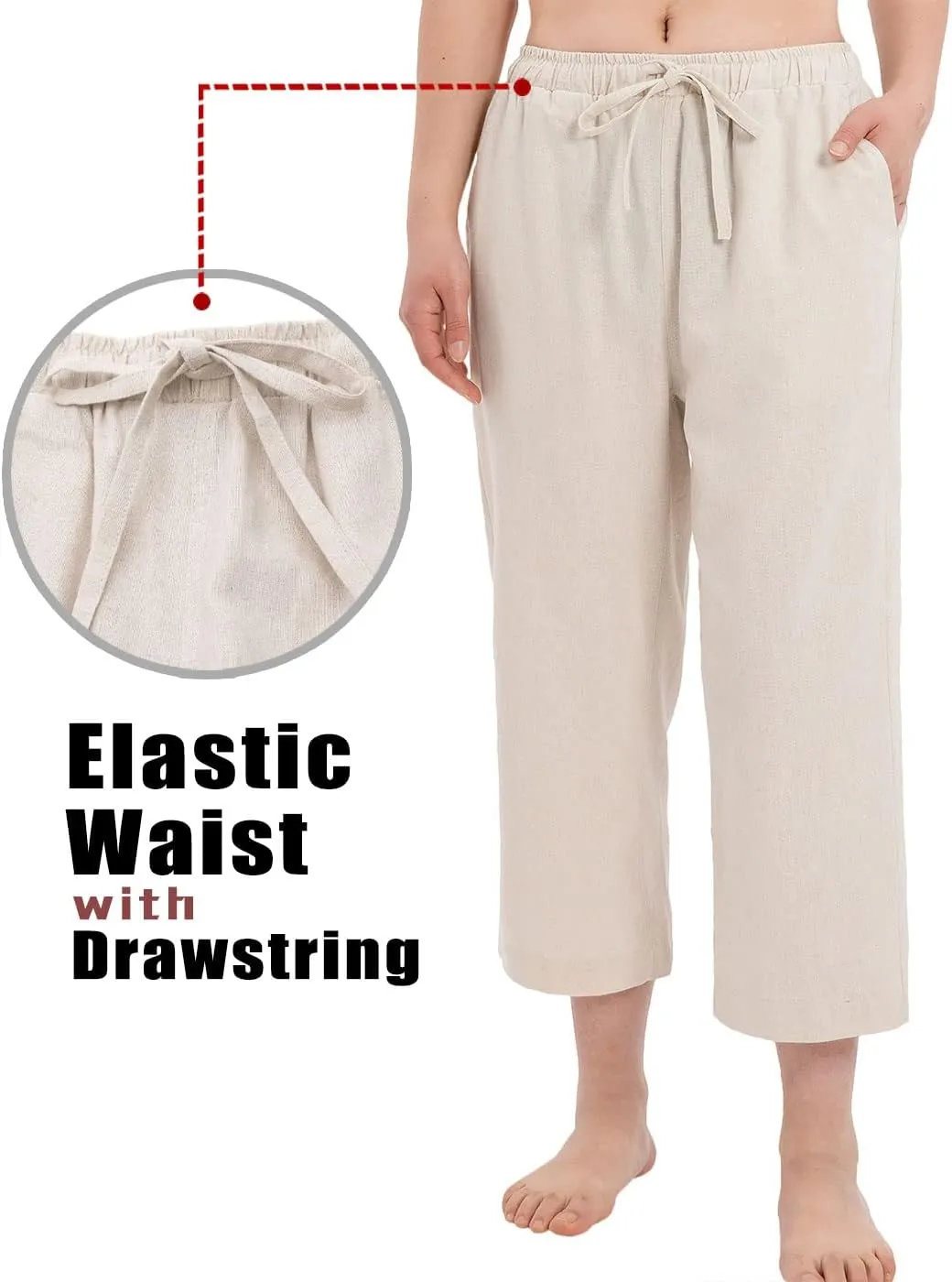 Bonnorth Women's Cotton Linen Drawstring Elastic Waist Loose Wide Leg Cropped Pants with Pockets