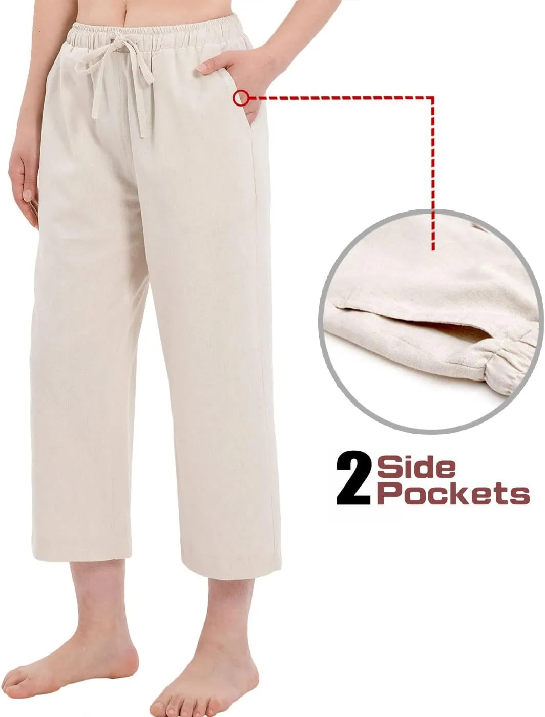 Bonnorth Women's Cotton Linen Drawstring Elastic Waist Loose Wide Leg Cropped Pants with Pockets