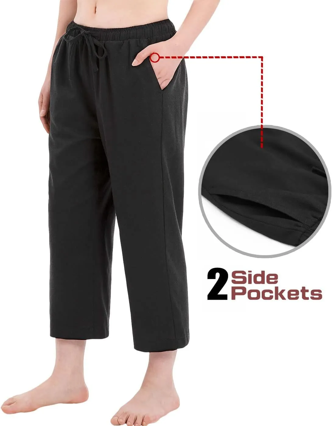 Bonnorth Women's Cotton Linen Drawstring Elastic Waist Loose Wide Leg Cropped Pants with Pockets