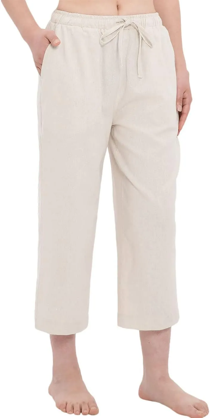 Bonnorth Women's Cotton Linen Drawstring Elastic Waist Loose Wide Leg Cropped Pants with Pockets