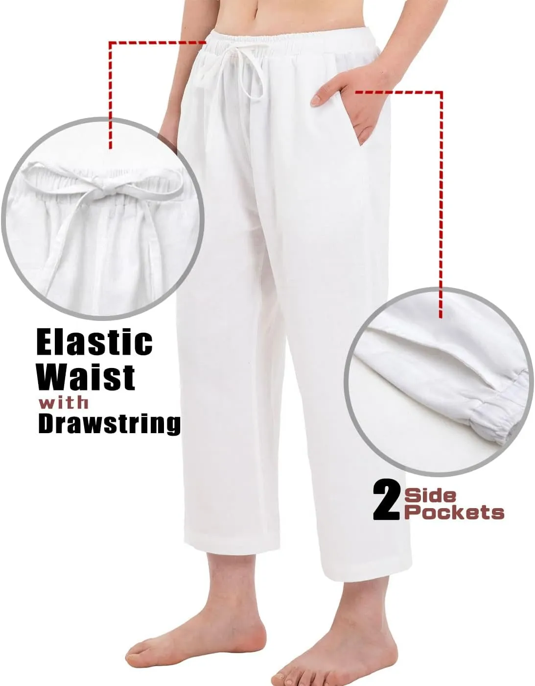 Bonnorth Women's Cotton Linen Drawstring Elastic Waist Loose Wide Leg Cropped Pants with Pockets