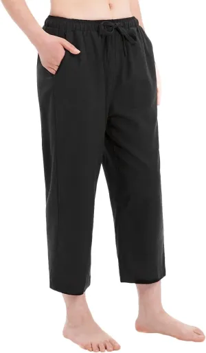 Bonnorth Women's Cotton Linen Drawstring Elastic Waist Loose Wide Leg Cropped Pants with Pockets