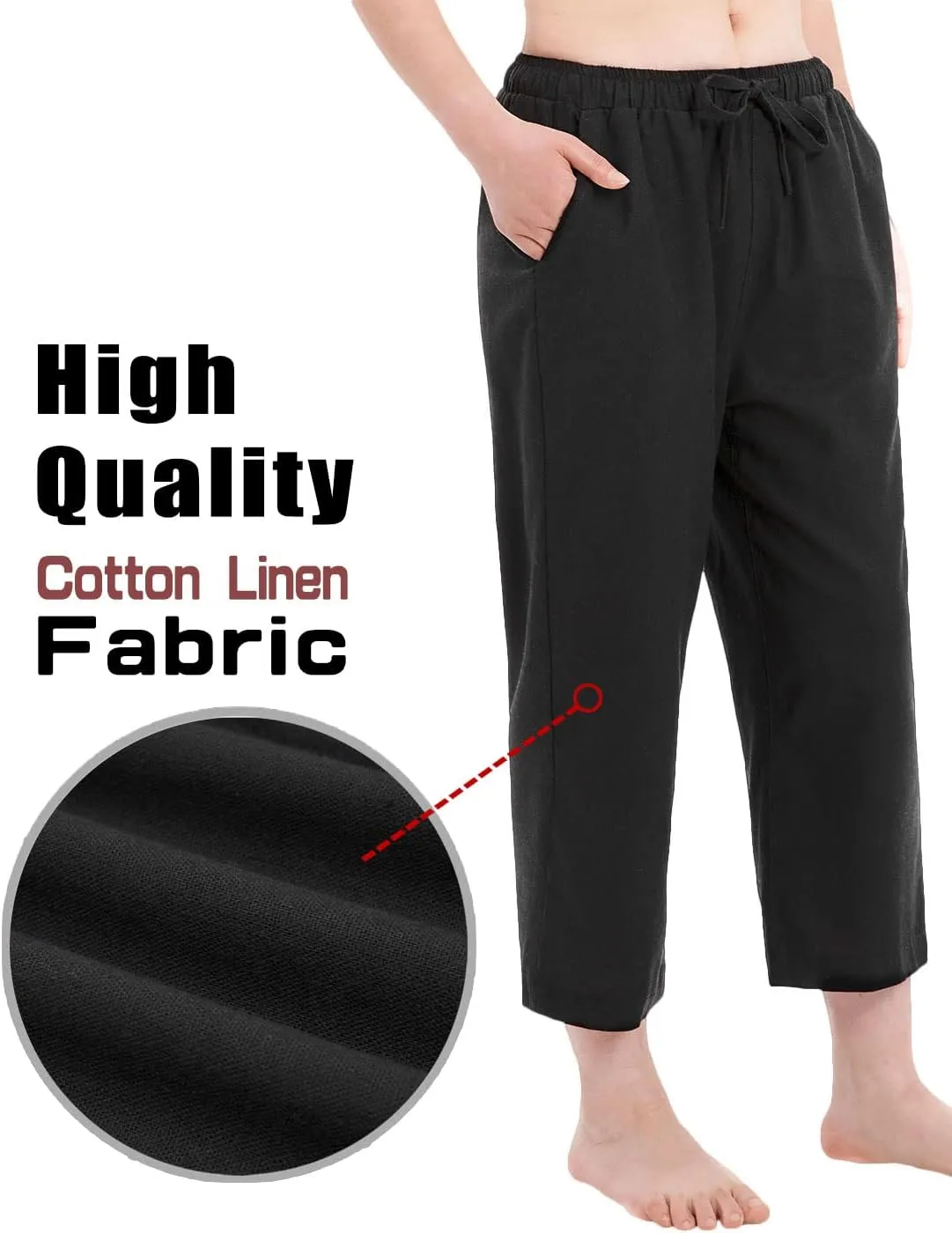 Bonnorth Women's Cotton Linen Drawstring Elastic Waist Loose Wide Leg Cropped Pants with Pockets