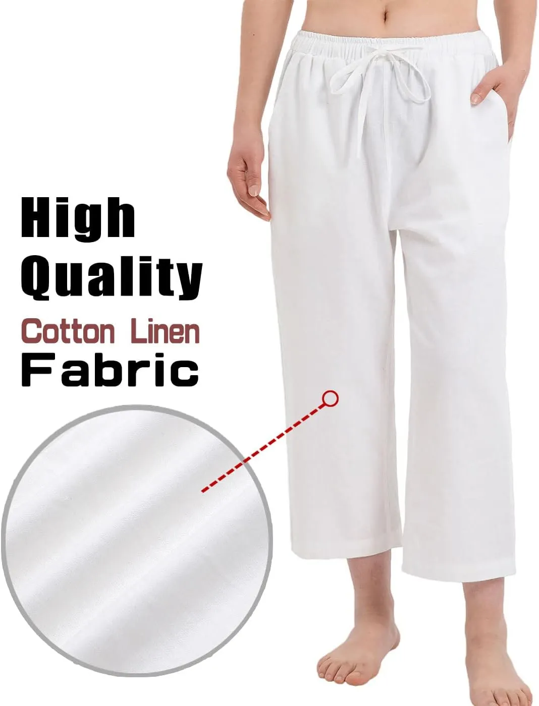 Bonnorth Women's Cotton Linen Drawstring Elastic Waist Loose Wide Leg Cropped Pants with Pockets