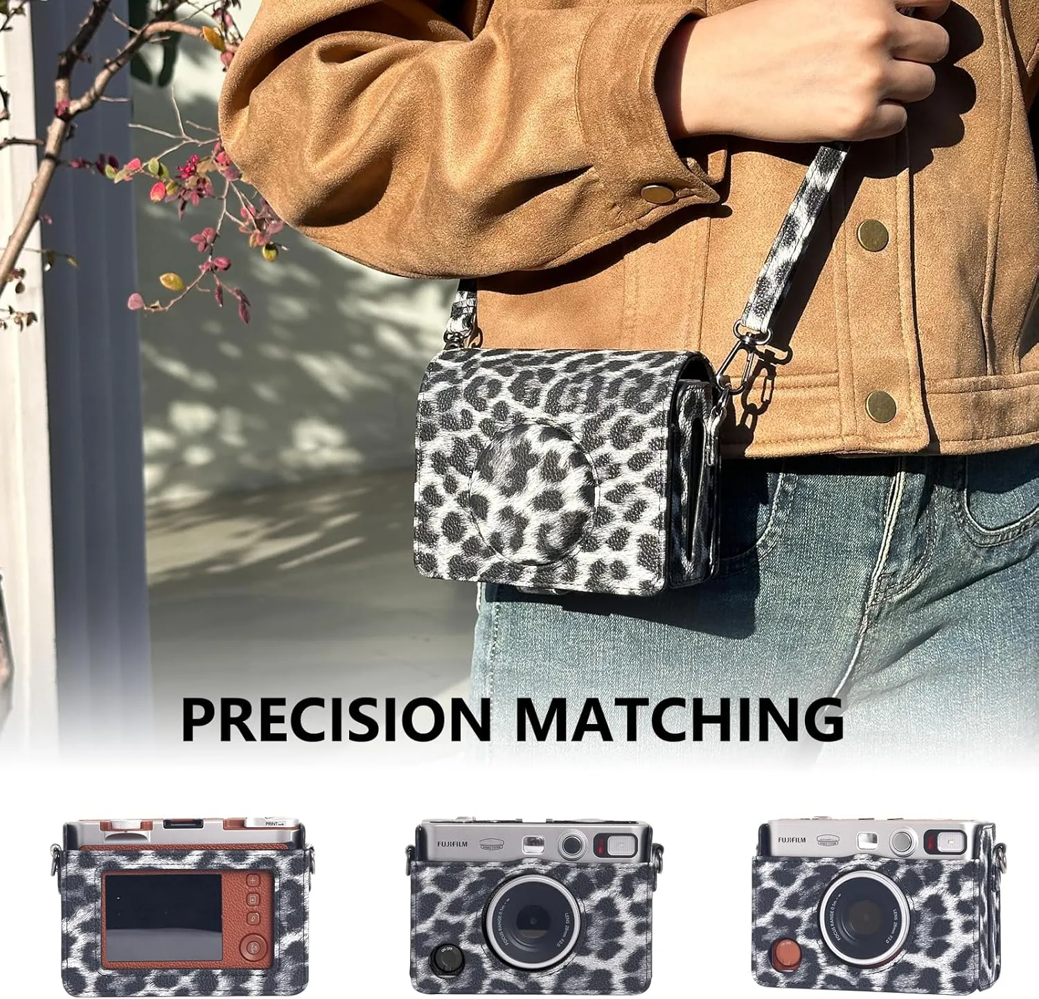 CAIYOULE Protective Case for Fujifilm Instax Mini EVO Digital Hybrid Camera Protective PU Leather Bag Accessories with Adjustable Strap No CameraLeopard Black