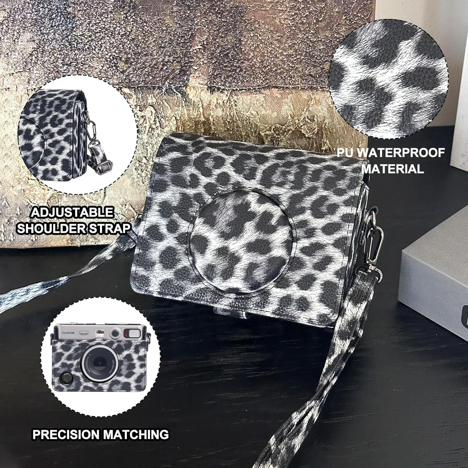 CAIYOULE Protective Case for Fujifilm Instax Mini EVO Digital Hybrid Camera Protective PU Leather Bag Accessories with Adjustable Strap No CameraLeopard Black